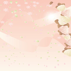 Pink background with beige ribbons flowers and pastel shades leaves