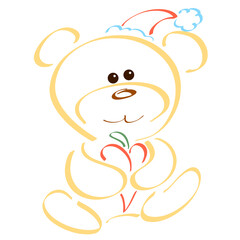 cute yellow teddy bear in a christmas cap with a heart-shaped toy in its paws