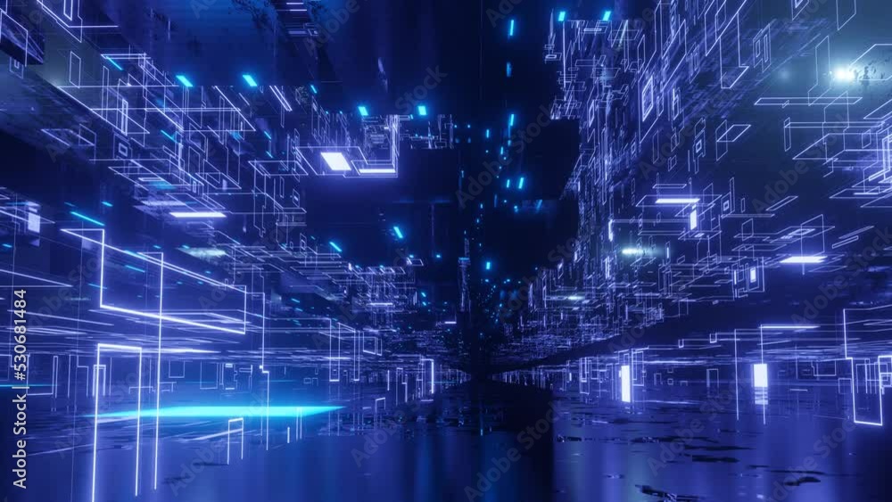 Aufkleber glow line form pattern like sci-fi hologram. fly through technology cyberspace with blue neon glow. 