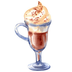Hand drawn watercolor illustration with cup of coffee with cream isolated on white background.