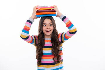 Back to school. Teenager schoolgirl with book ready to learn. School girl children on isolated...