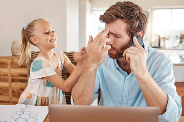 Stress, headache and father on a phone call with child and working from home or remote. Anxiety,...