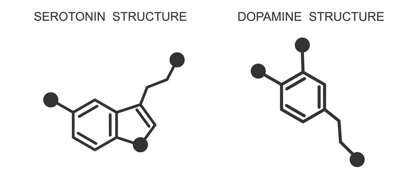 Serotonin And Dopamine Icons. Chemical Molecular Structure. Happy Or Feel Good Hormones Signs Isolated On White Background. Vector Graphic Illustration.