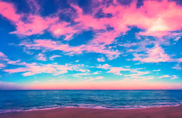 Naklejka na ściany i meble Sunset sea landscape. Colorful ocean beach sunrise. Colorful nature sea sky