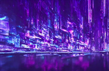 Fototapeta na wymiar Futuristic metaverse city concept with glowing neon lights