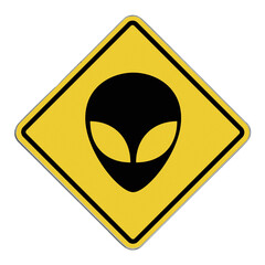 Diamond-shaped crossing sign with yellow background and black border with a black alien face in the middle.