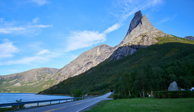 Stetind, mountain in Norway. A tall natural granite obelisk rising directly from a fjord. Stetind has an obelisk-shape which gives it very distinct look. Was chosen as the national mountain of Norway.