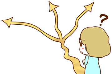 （上半身斜め後ろ）分岐点の道の前で迷い始める白人女性