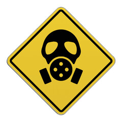Diamond-shaped crossing sign with yellow background and black border with a gas mask sign in the middle.