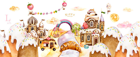 Sweet dream watercolor illustration. Confectionery. A fun holiday. Castle cake, caramel, candy, balloons, cake, strawberry, ice cream machine, clouds, chocolate. Happy birthday clipart on a white