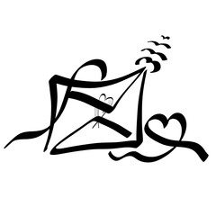 Obraz premium envelope with untied heart shaped ribbon and flying birds, love stamp, black pattern