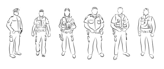 6 Polizisten Zeichnungen Police Officer Policeman Policewoman Lineart Vector Graphic