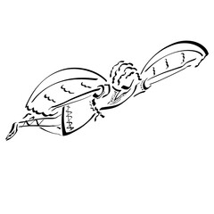 flying winged fair-haired angel stretching his hand forward, heavenly messenger, black outline