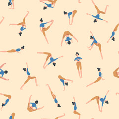 Pattern seamless illustration on the theme of yoga and sports, consisting of different poses of a woman in blue and yellow sportswear.