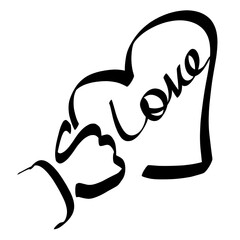 hand holding a red heart with the word Love on it, black symbol on a white background