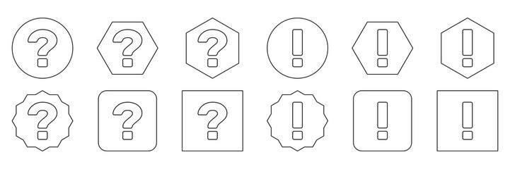 Question mark Icon Set, FAQ sign, Help symbol. Exclamation mark Icon Set, Attention sign, Caution icon, Hazard warning symbol. Black outline design.