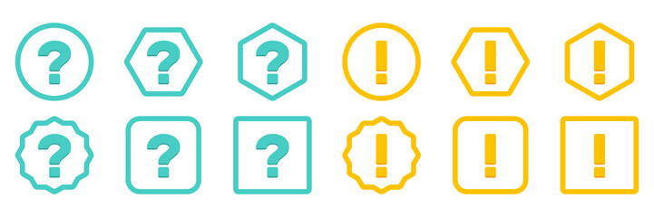 Question mark Icon Set, FAQ sign, Help symbol. Exclamation mark Icon Set, Attention sign, Caution icon, Hazard warning symbol. Light blue and Yellow style.