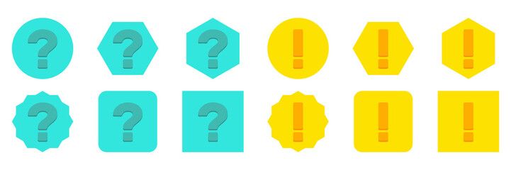 Question mark Icon Set, FAQ sign, Help symbol. Exclamation mark Icon Set, Attention sign, Caution icon, Hazard warning symbol. Light blue and Yellow style.
