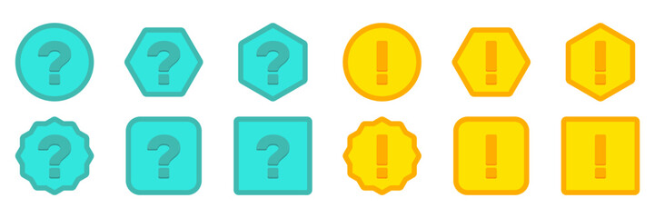 Question mark Icon Set, FAQ sign, Help symbol. Exclamation mark Icon Set, Attention sign, Caution icon, Hazard warning symbol. Light blue and Yellow style.