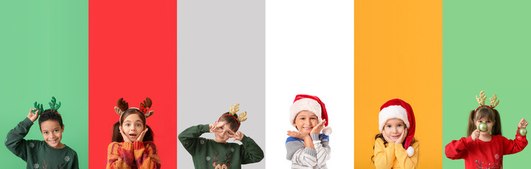 Collection of happy little children in winter clothes and with Christmas decor on color background