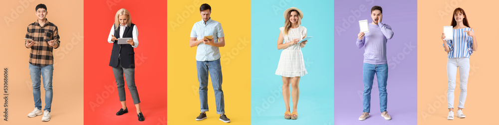 Poster set of people with tablet computers on colorful background