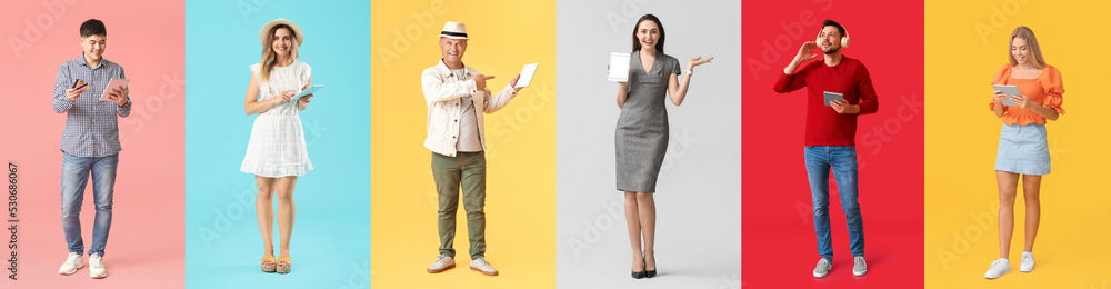 Poster set of people with tablet computers on colorful background