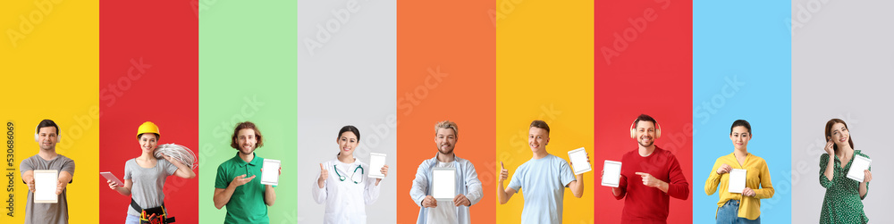 Poster set of different people with tablet computers on colorful background