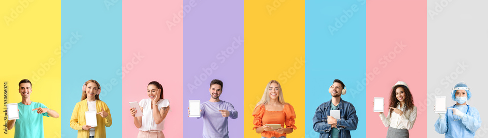 Poster set of different people with tablet computers on colorful background