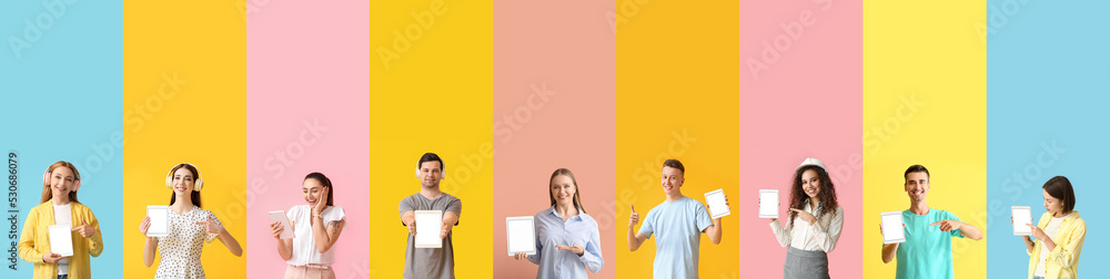 Poster set of different people with tablet computers on colorful background