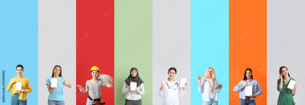 Poster set of different women with tablet computers on colorful background