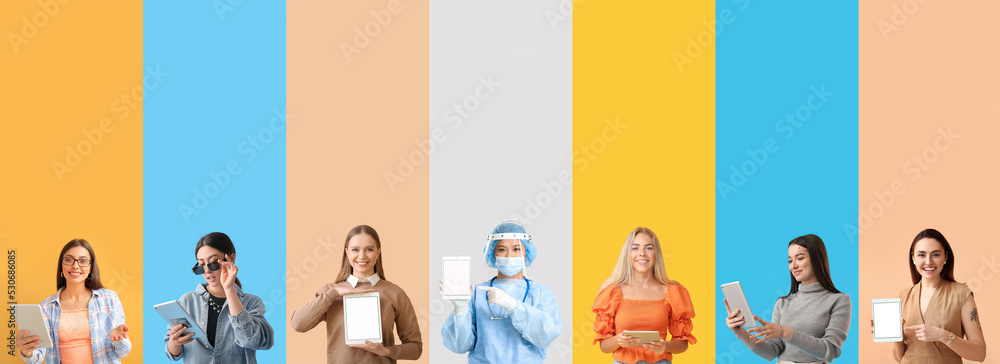 Poster set of different women with tablet computers on colorful background