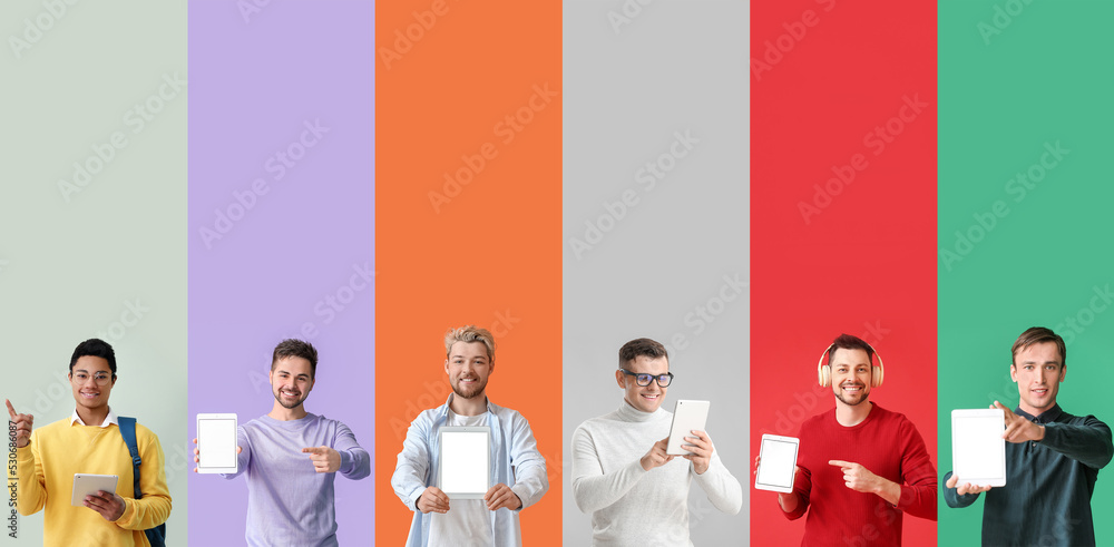 Poster set of different men with tablet computers on colorful background