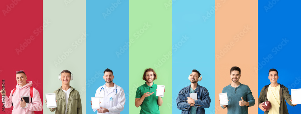 Poster set of different men with tablet computers on colorful background