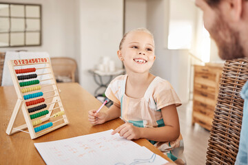 Education, learning and numbers with father and child doing distance learning maths project at a table at home. Smile, happy and cheerful girl enjoying abacus counting and bonding with her parent