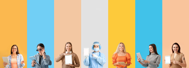 Set of different women with tablet computers on colorful background