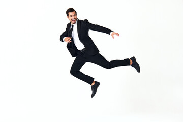 Fototapeta na wymiar Man business smile with teeth in costume running and jumping up open mouth happiness and surprise full-length on white isolated background copy place 