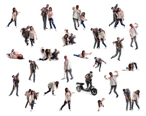 Set of many scary zombies on white background