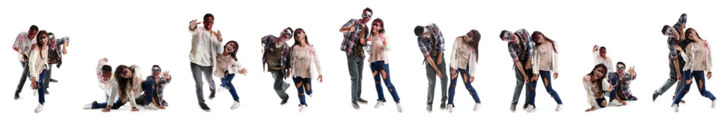 Set of many scary zombies on white background