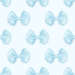 Vector Seamless Pattern with 3d Realistic Blue Silk, Satin Gift Bow. Bow for Birthday, Christmas Presents, Gifts, Invitation, Cards. Holiday Decoration