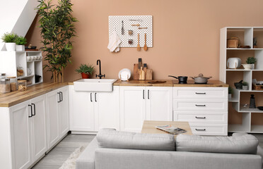 Fototapeta na wymiar Interior of stylish kitchen with white counters, utensils and pegboard