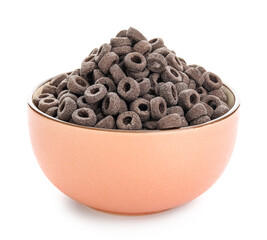 Bowl with tasty black cereal rings on white background