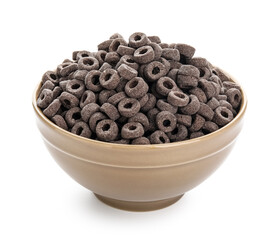 Bowl with tasty black cereal rings on white background