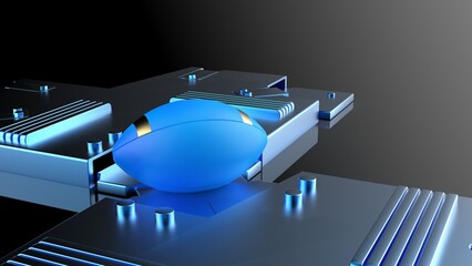 Blue-gold American foot ball on metallic blue mechanical plates under black-white lighting background. 3D illustration. 3D high quality rendering.