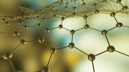 Fototapeta premium Spheres shredded into fine hexagonal atoms of metallic titanium under dark brown background. Concept 3D CG of strength analysis, blockchain information technology and social human relations.