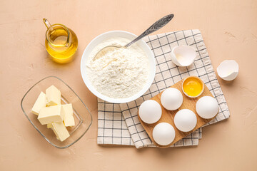 Composition with ingredients for baking on color background
