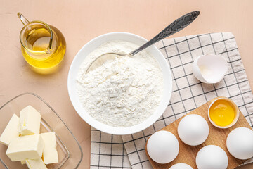 Set of ingredients for baking on color background