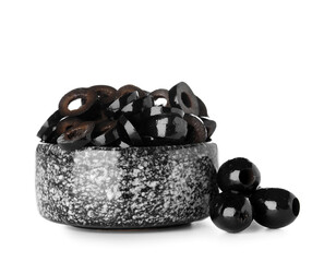 Bowl of cut black olives on white background