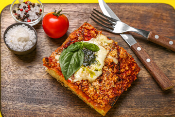 Wooden board with piece of tasty Italian pie and spices, closeup