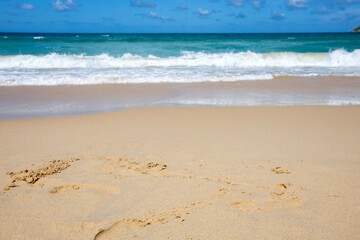 The Turquoise colored sand blue sky on sunny day and space on the sky and cloud