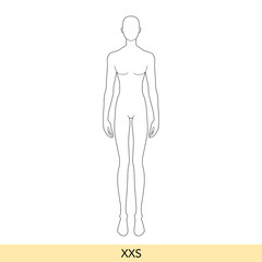 XXS size Men Fashion template 9 nine head extra small size Croquis Gentlemen model skinny body figure front view. Vector outline isolated sketch boy for Fashion Design, Illustration, technical drawing